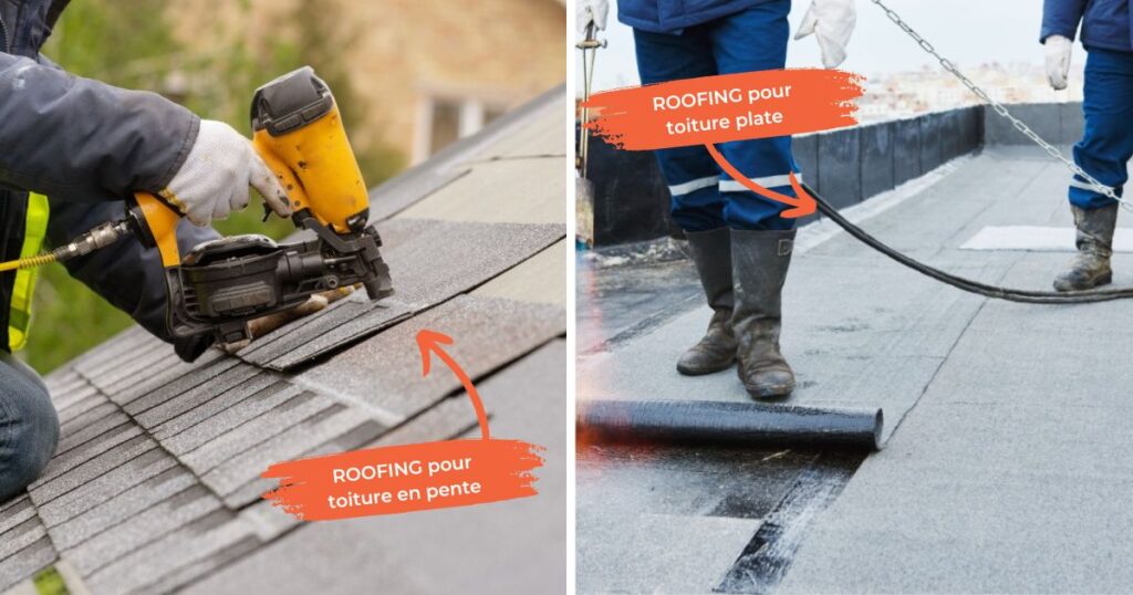 montage photo montrant la différence entre la pose d'un roofing sur une toiture plate et la pose d'un roofing sur une toiture en pente