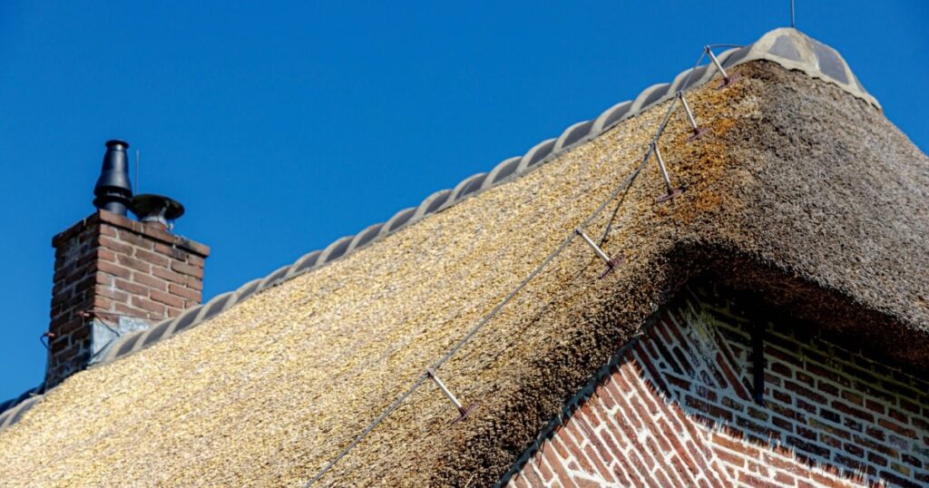 Vue d'une toiture avec une couverture en chaume. 