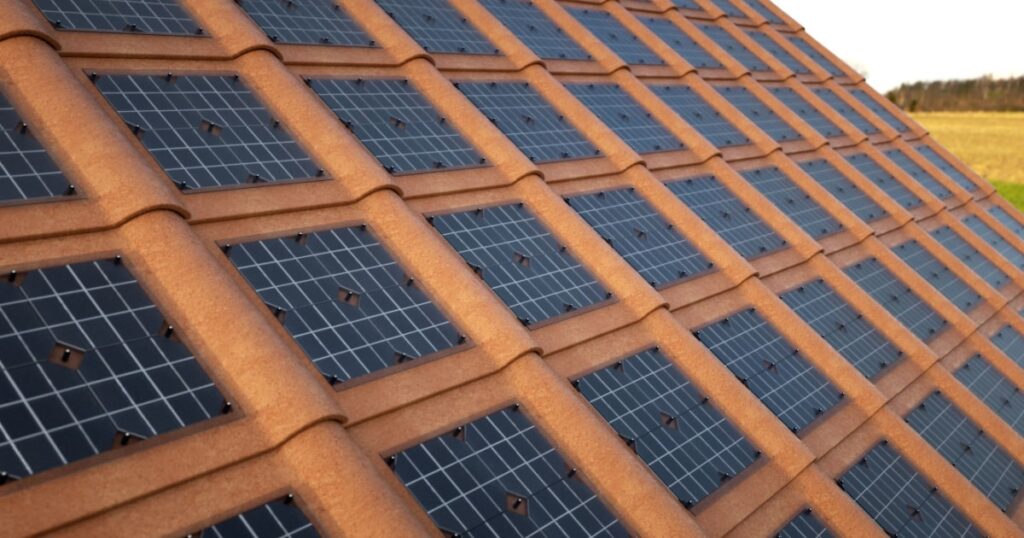 Zoom sur des tuiles céramiques recouvertes de modules photovoltaïques. 