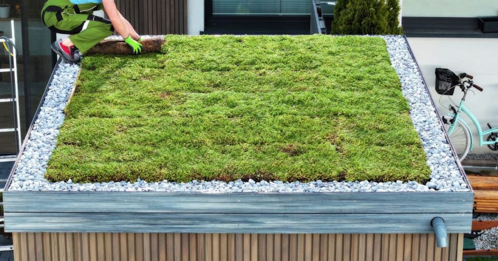 toit plat végétal sur une arrière maison ou un abri de jardin posé par un ouvrier