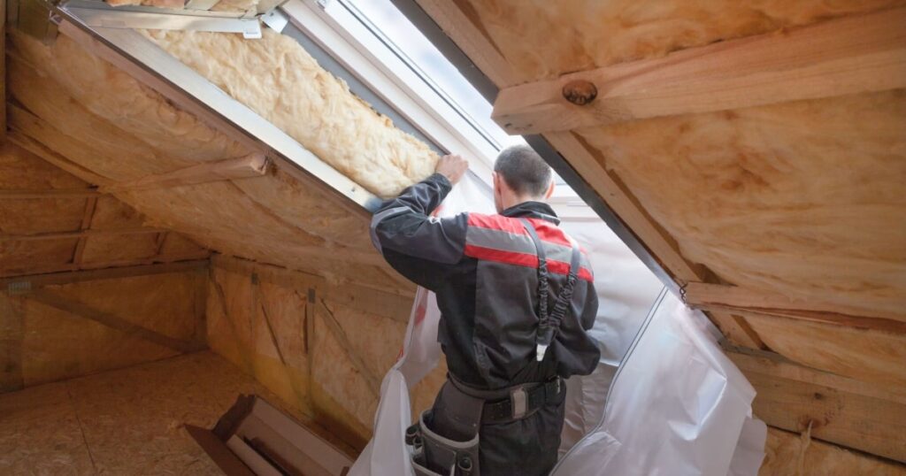 Un ouvrier installe une isolation intérieure dans les combles d'une maison